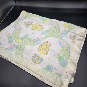 Vintage Satin Edge Baby Blanket Elephants & Flowers Receiving Style 34x48"